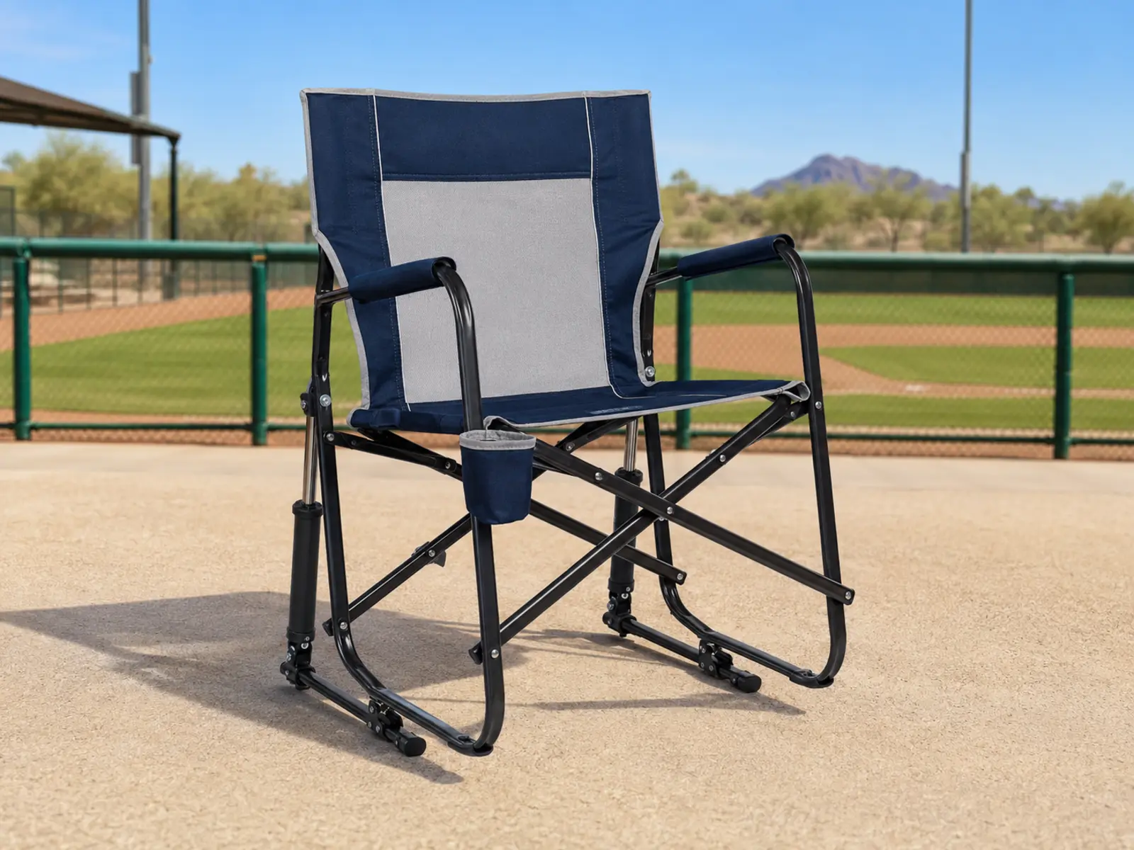 Deluxe rocker chair placed in family viewing space beside a Phoenix youth baseball field.